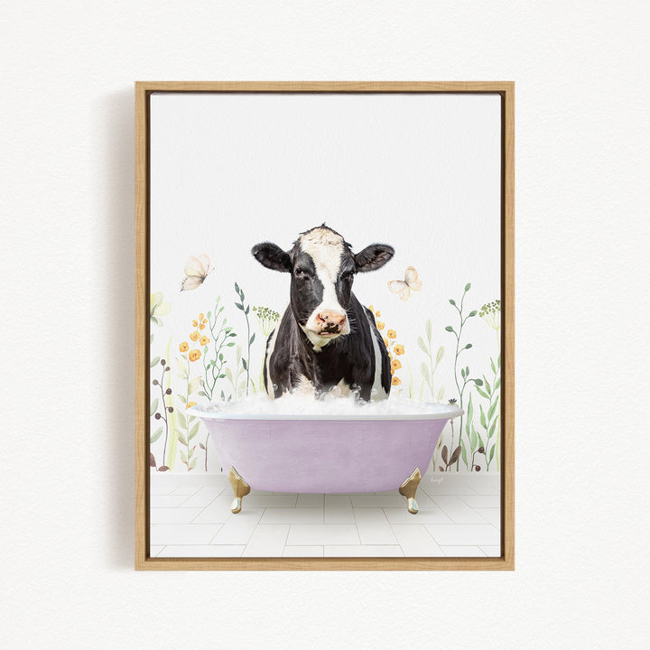 A black and white cow is sitting in a purple bathtub filled with water, surrounded by flowers and butterflies.