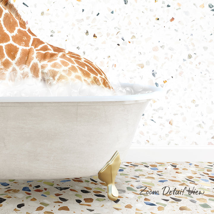 A giraffe is sitting in a bathtub filled with water, surrounded by a colorful mosaic floor.