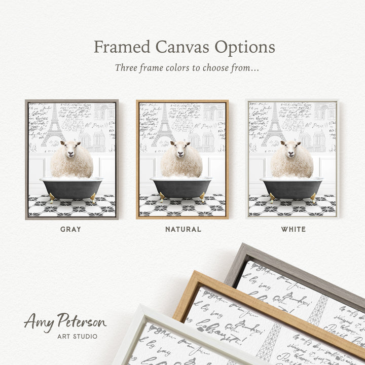 The image is a framed canvas option showcasing three different frame colors: gray, natural, and white. The canvas features a sheep sitting in a bathtub, and the text indicates that the three frame colors are available to choose from.