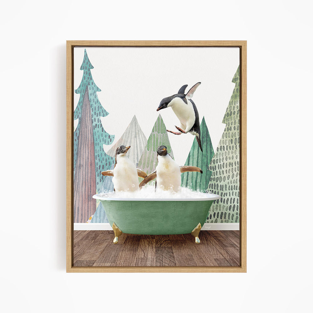 A framed image depicting two penguins sitting in a green bathtub, with one penguin flying towards the other in mid-air.