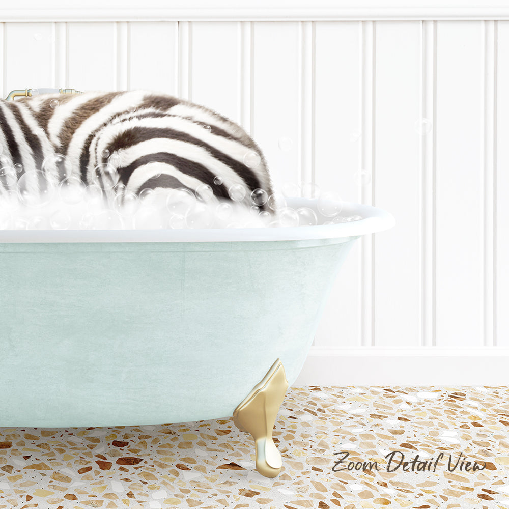 A zebra standing in a light blue bathtub filled with bubbles, with a text overlay that reads "Zoom Detail View".
