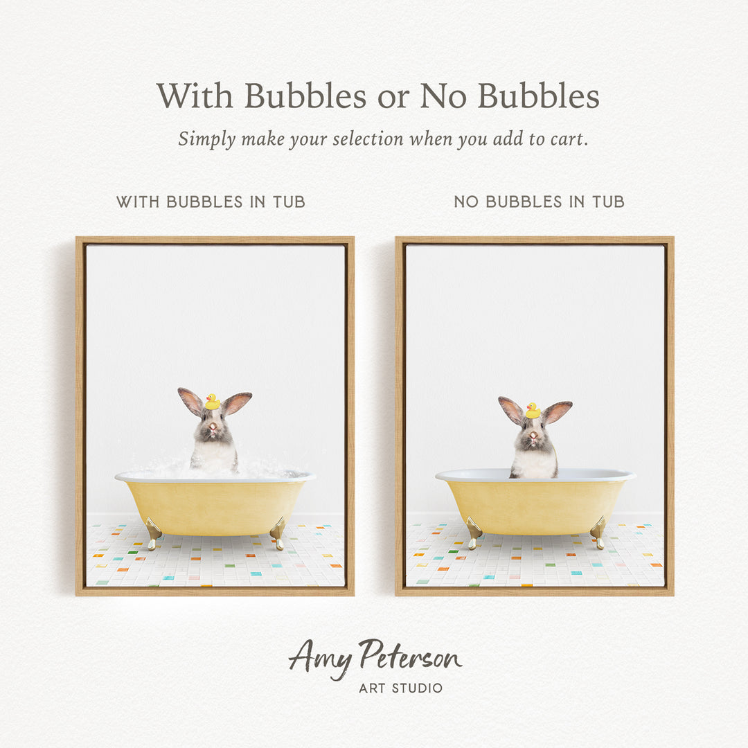 The image is a collage of two pictures, each featuring a rabbit in a bathtub. The first picture shows a rabbit sitting in a tub with bubbles, while the second picture shows a rabbit sitting in a tub without bubbles. The text above the images reads "With Bubbles or No Bubbles" and below the images, it says "Simply make your selection when you add to cart."