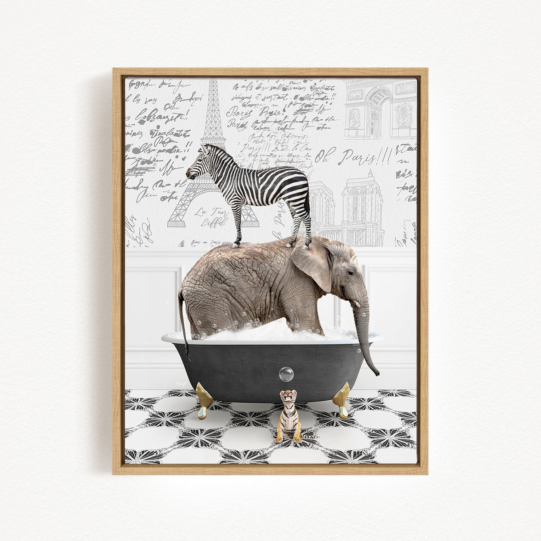 A zebra stands on the back of an elephant, both in a bathtub, with a small dog sitting on the edge of the tub.