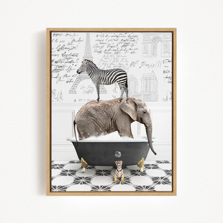A zebra stands on the back of an elephant, both in a bathtub, with a small dog sitting on the edge of the tub.