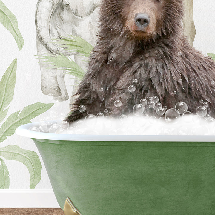 a bear sitting in a bathtub with bubbles