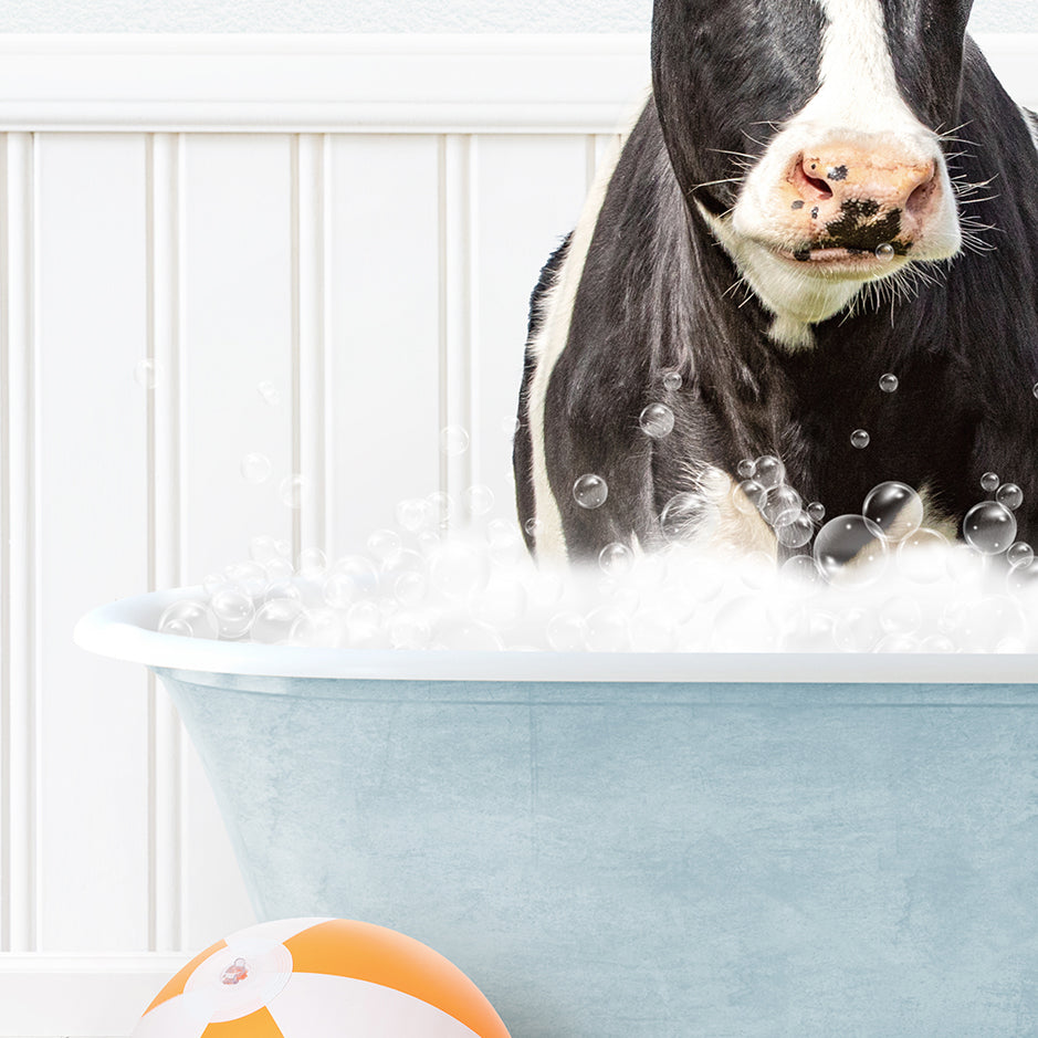 a black and white cow in a bathtub with bubbles