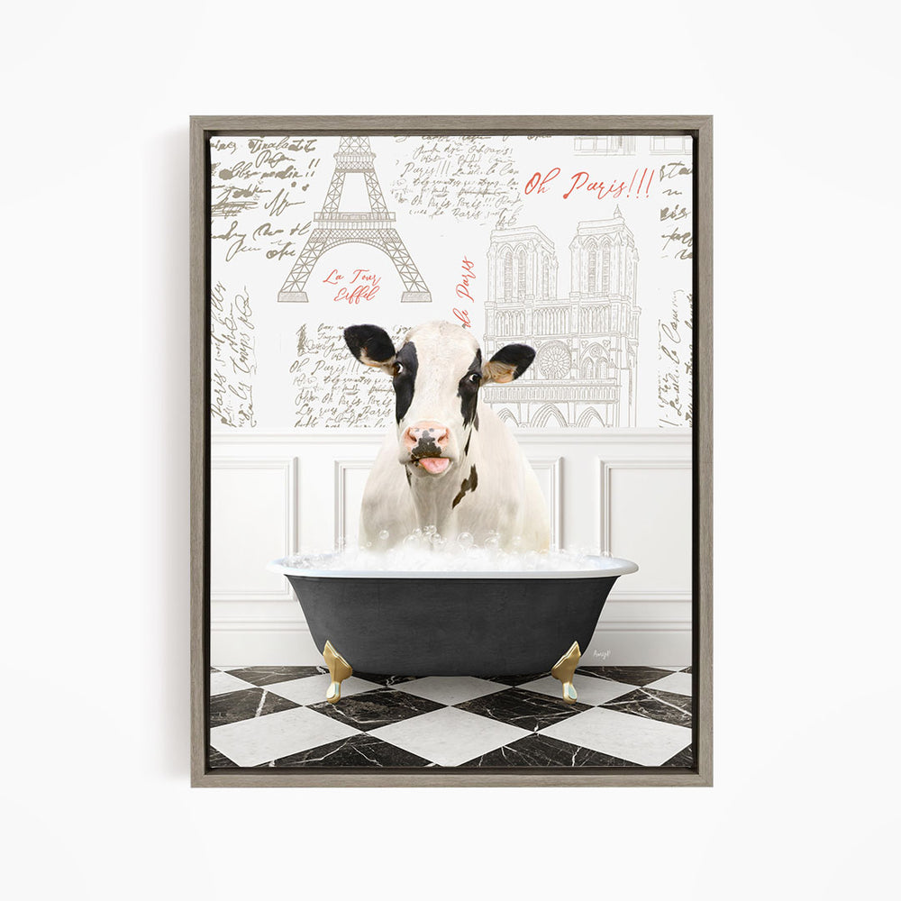 A black and white cow is sitting in a bathtub filled with water, surrounded by a Paris-themed background with the Eiffel Tower and other landmarks.
