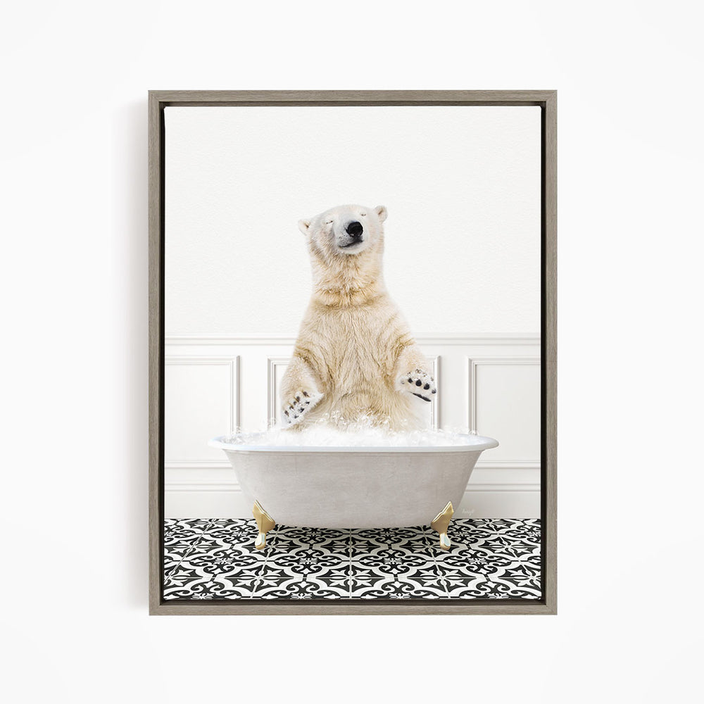 A polar bear standing in a bathtub filled with water, with its paws submerged in the water.