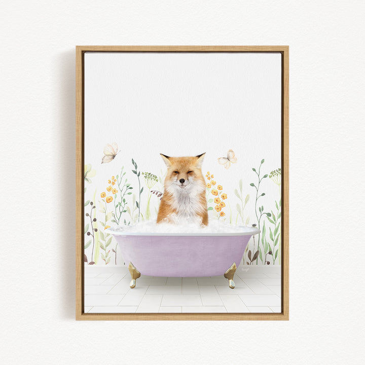 A fox is sitting in a bathtub filled with water, surrounded by flowers and butterflies.