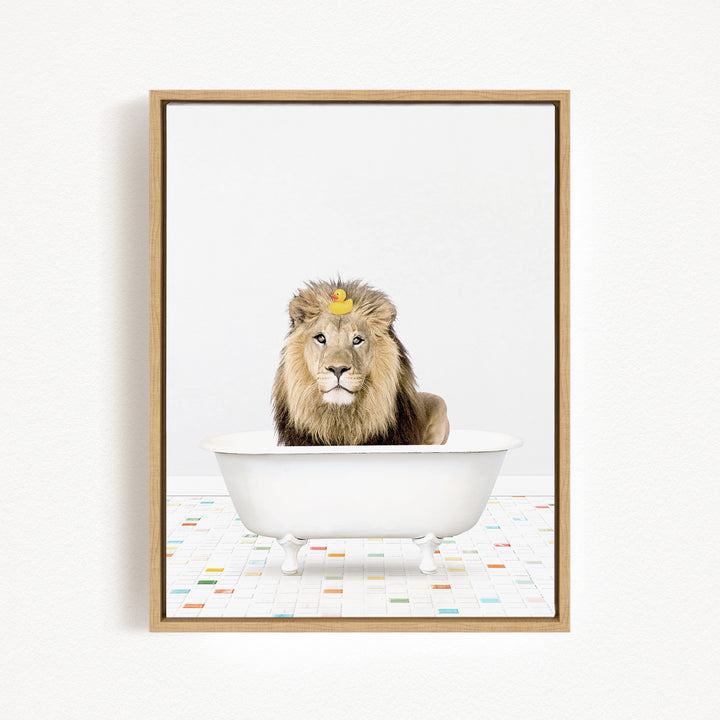 A lion sitting in a white bathtub, with a yellow rubber duck floating on its head.