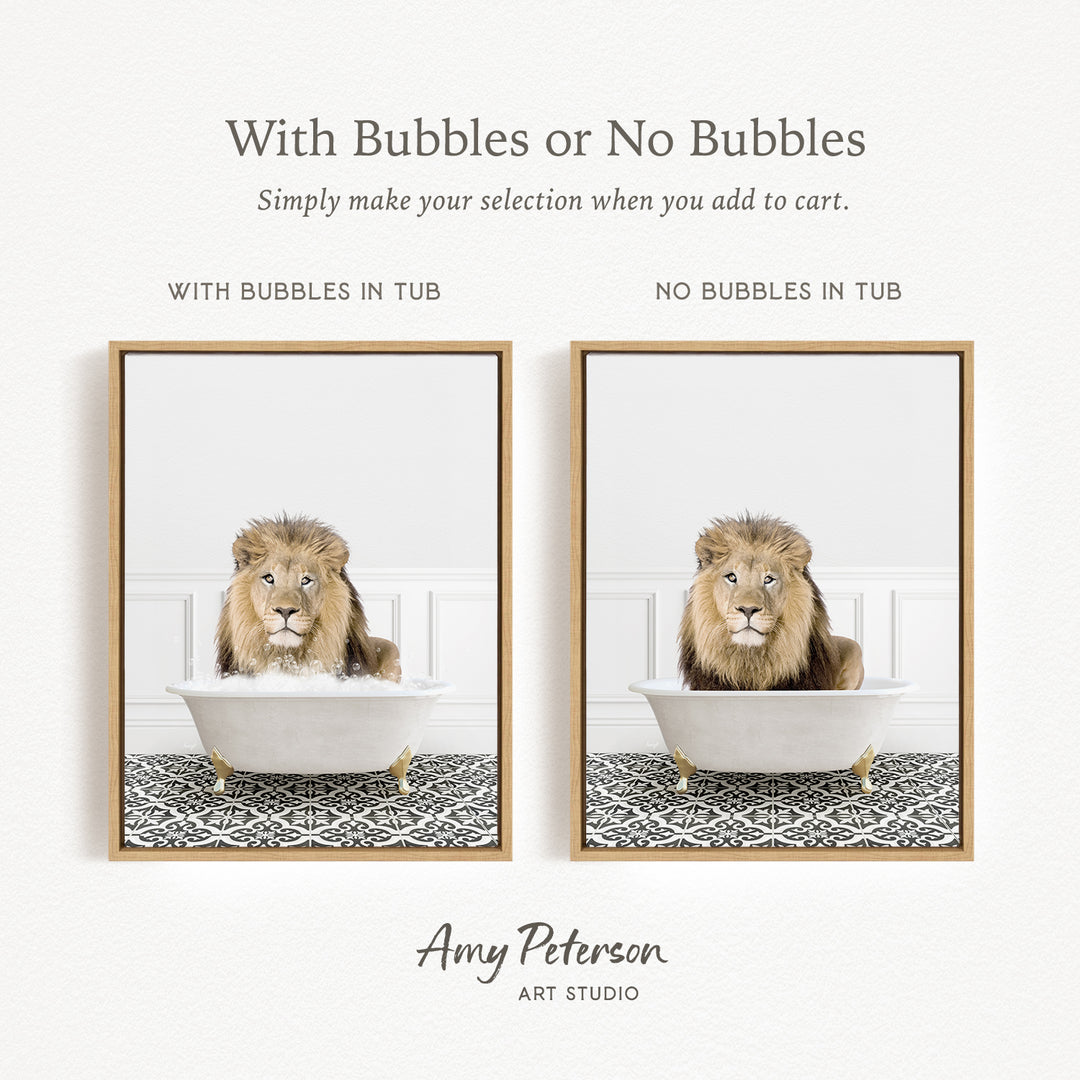 The image is a collage of two framed pictures, each depicting a lion sitting in a tub. The lion in the tub has bubbles, while the lion in the tub without bubbles is shown in a plain white tub. The collage is titled "With Bubbles or No Bubbles" and is created by Amy Peterson from Art Studio.