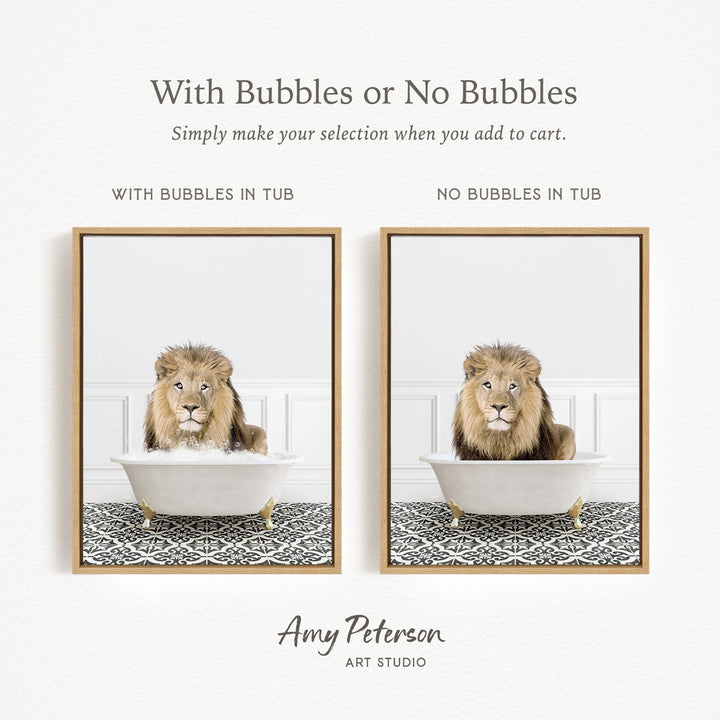 The image is a collage of two framed pictures, each depicting a lion sitting in a tub. The lion in the tub has bubbles, while the lion in the tub without bubbles is shown in a plain white tub. The collage is titled "With Bubbles or No Bubbles" and is created by Amy Peterson from Art Studio.