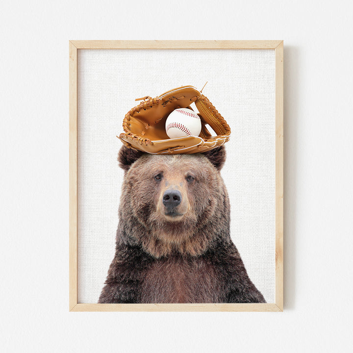 a picture of a bear wearing a baseball mitt