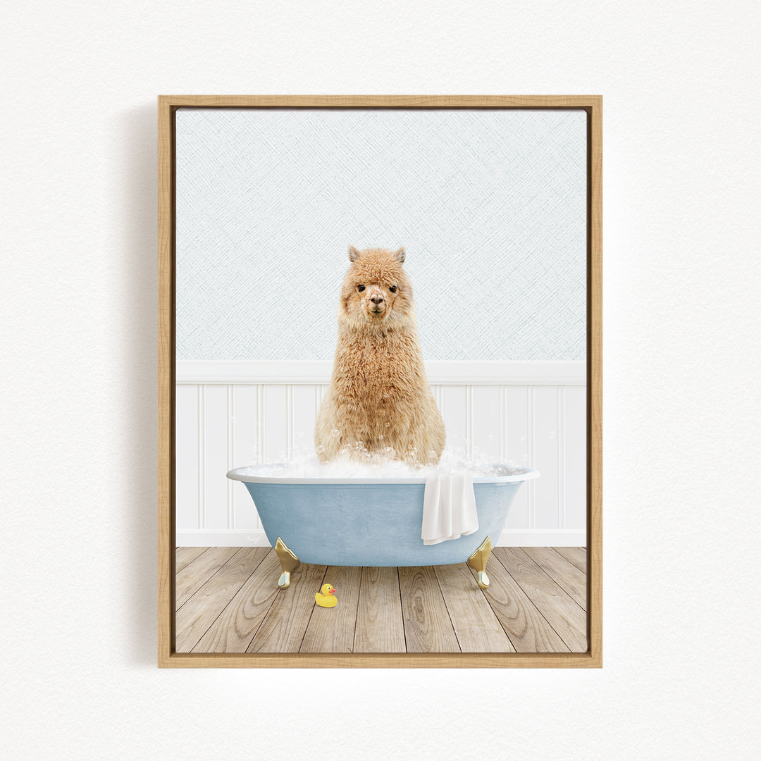 A fluffy brown dog sitting in a blue bathtub filled with water, surrounded by a white towel and a yellow rubber duck.