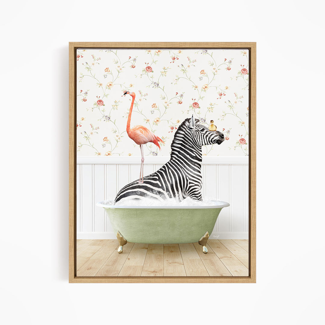 A zebra is sitting in a green bathtub, with a pink flamingo standing on its back and a bird perched on its head. The scene is set against a floral wallpaper backdrop.
