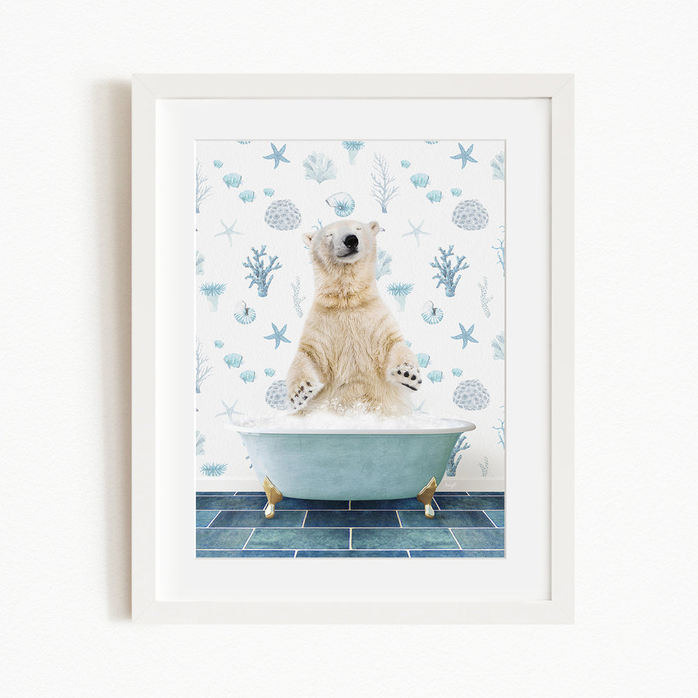 A polar bear sitting in a bathtub filled with bubbles, surrounded by a blue and white patterned wall.