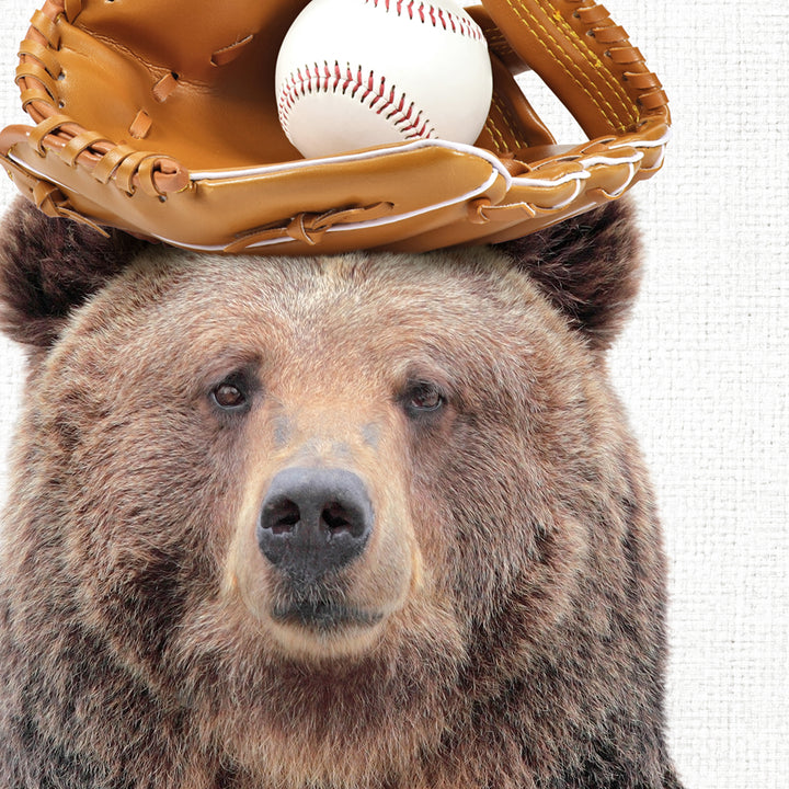 a bear with a baseball glove on its head