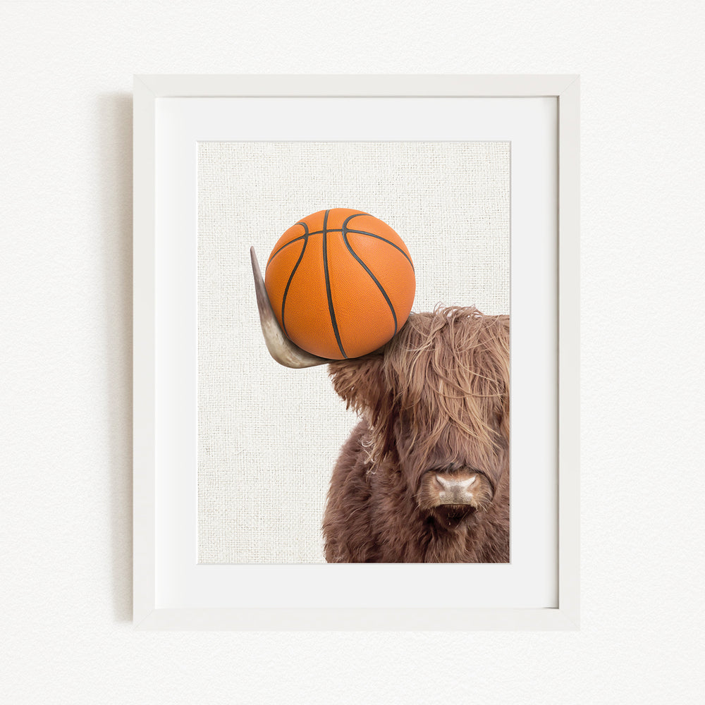 A framed image of a Highland cow holding a basketball on its head.