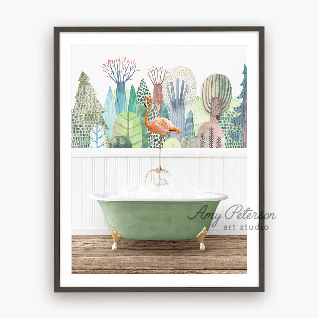 a painting of a bathtub with a flamingo in it