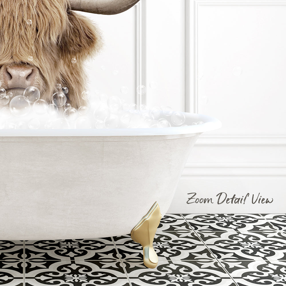A close-up of a cow's head in a bathtub filled with bubbles, with a black and white patterned floor in the background.