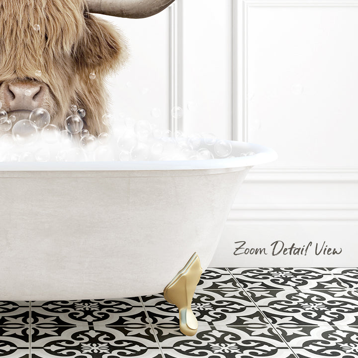 A close-up of a cow's head in a bathtub filled with bubbles, with a black and white patterned floor in the background.