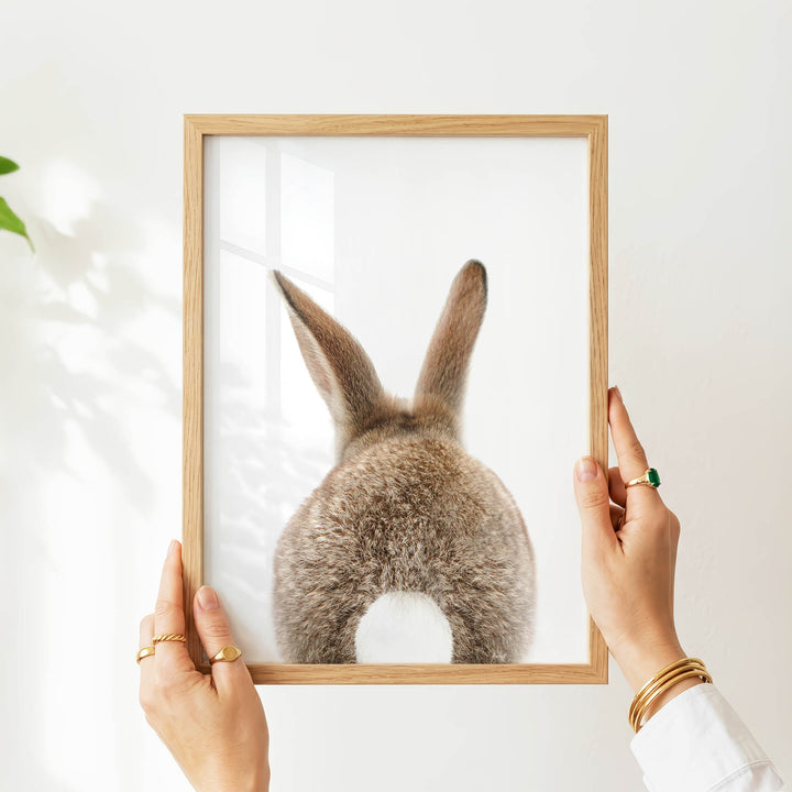 A person's hands are holding a wooden frame with a picture of a rabbit's back visible through the frame.
