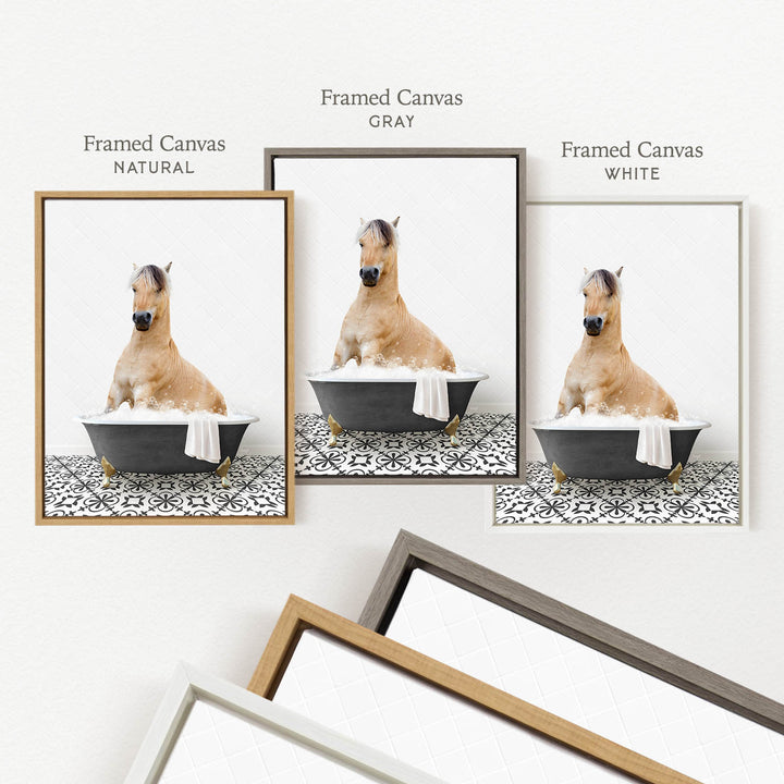 three framed pictures of a horse sitting in a bathtub, each with a different colored frame.