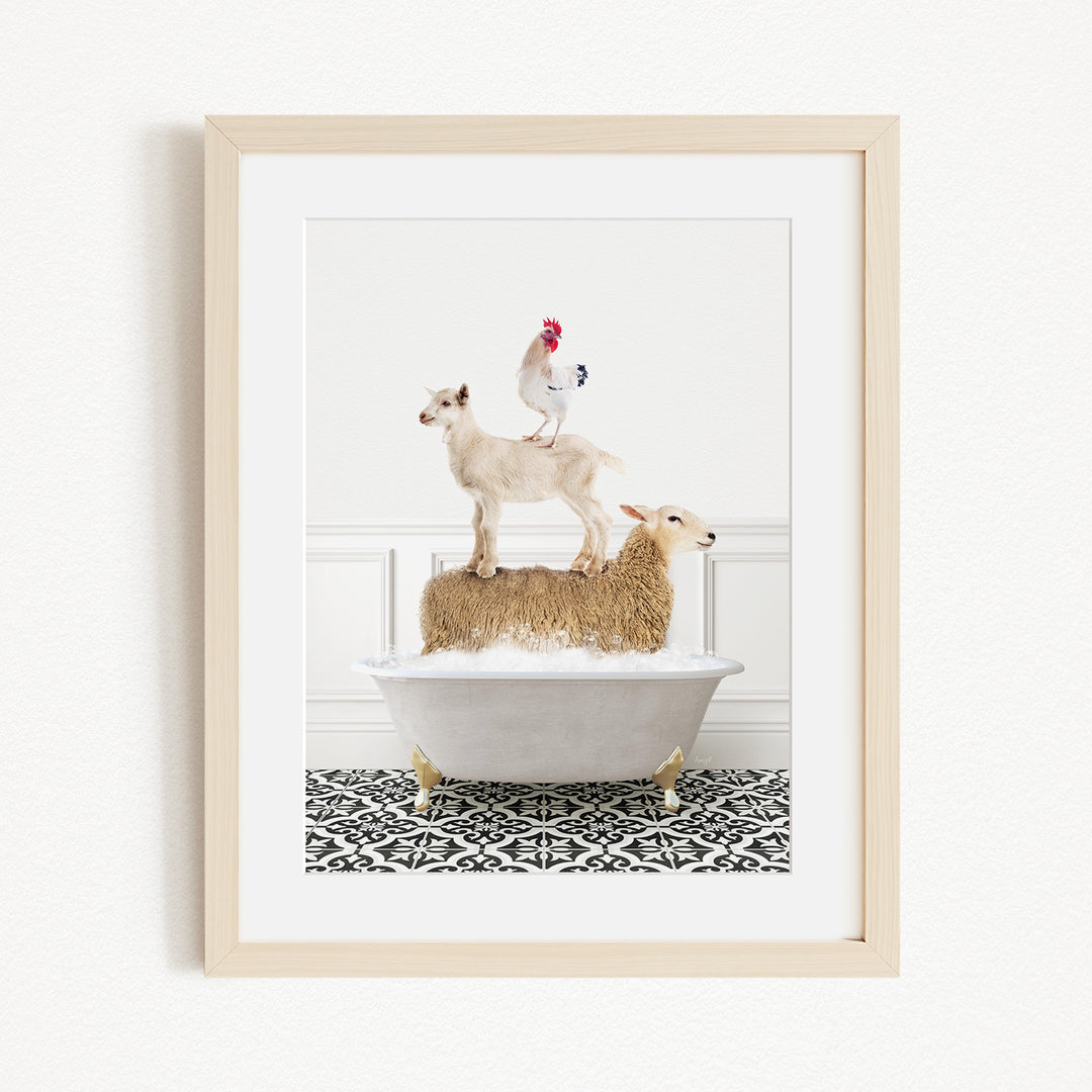 A framed image depicting a goat standing on a sheep's back while a rooster stands on top of a lamb in a bathtub.