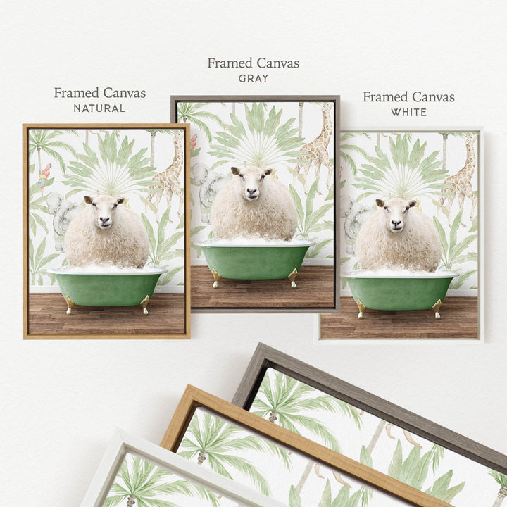 a collage of three framed pictures, each depicting a sheep sitting in a green bathtub. The first picture is labeled " Framed Canvas NATURAL", the second picture is labeled " Framed Canvas GRAY", and the third picture is labeled " Framed Canvas WHITE".