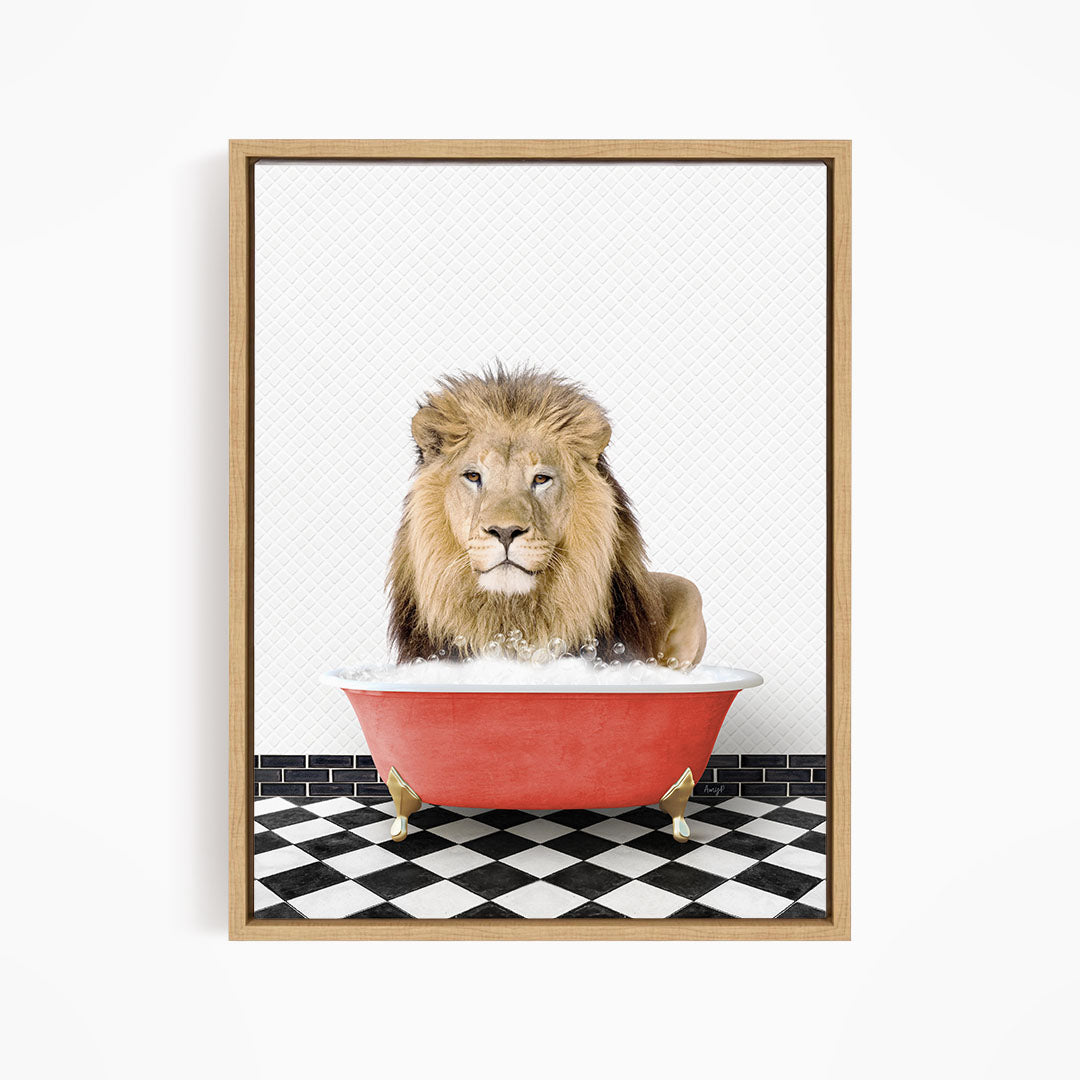 A lion sitting in a red bathtub filled with water, surrounded by a black and white checkered floor.