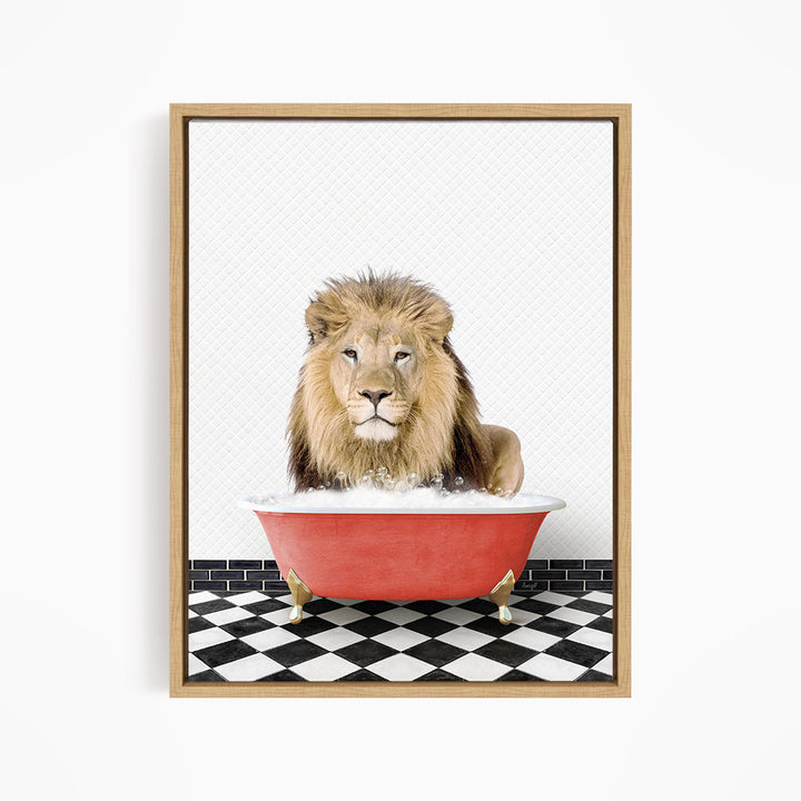 A lion sitting in a red bathtub filled with water, surrounded by a black and white checkered floor.