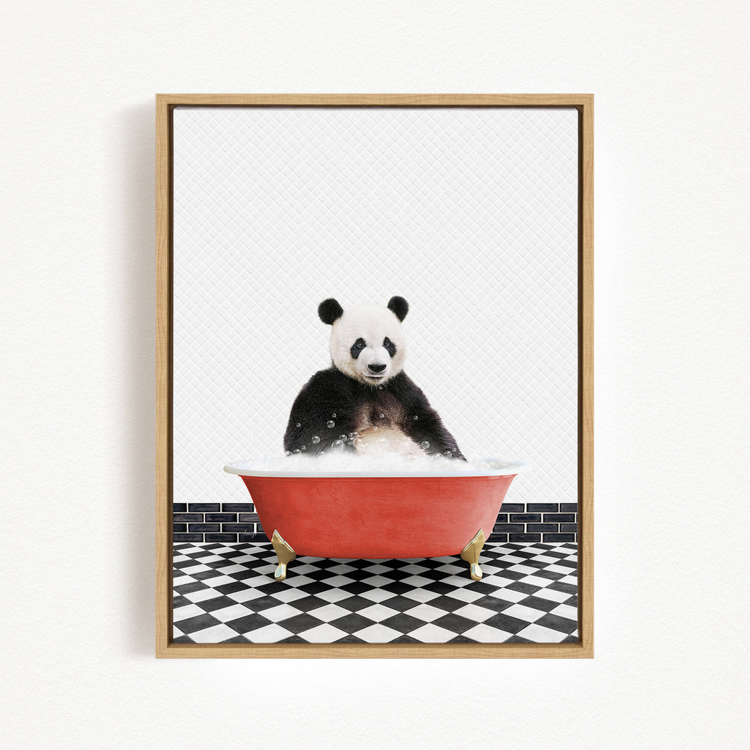 A panda bear sitting in a red bathtub filled with bubbles, surrounded by a black and white checkered floor.