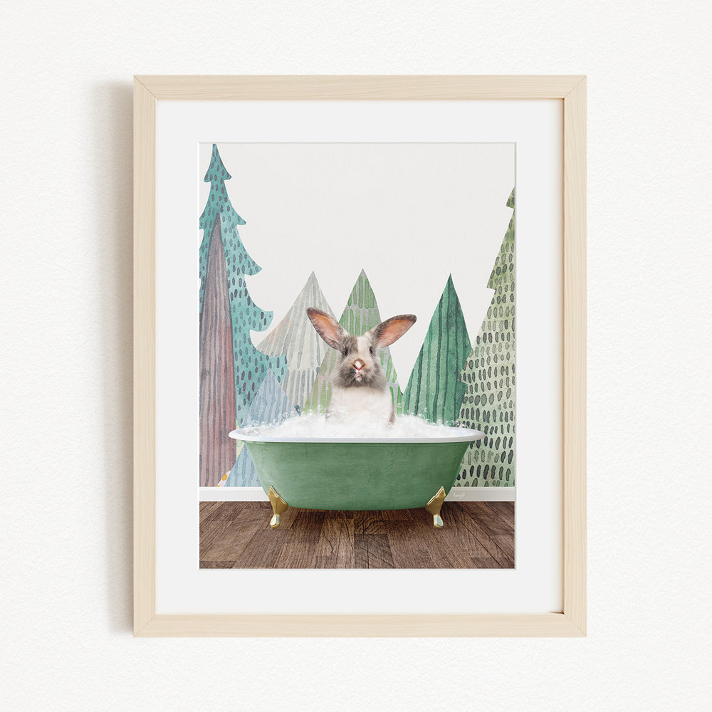 A rabbit sitting in a green bathtub, surrounded by stylized trees in a forest-like setting.