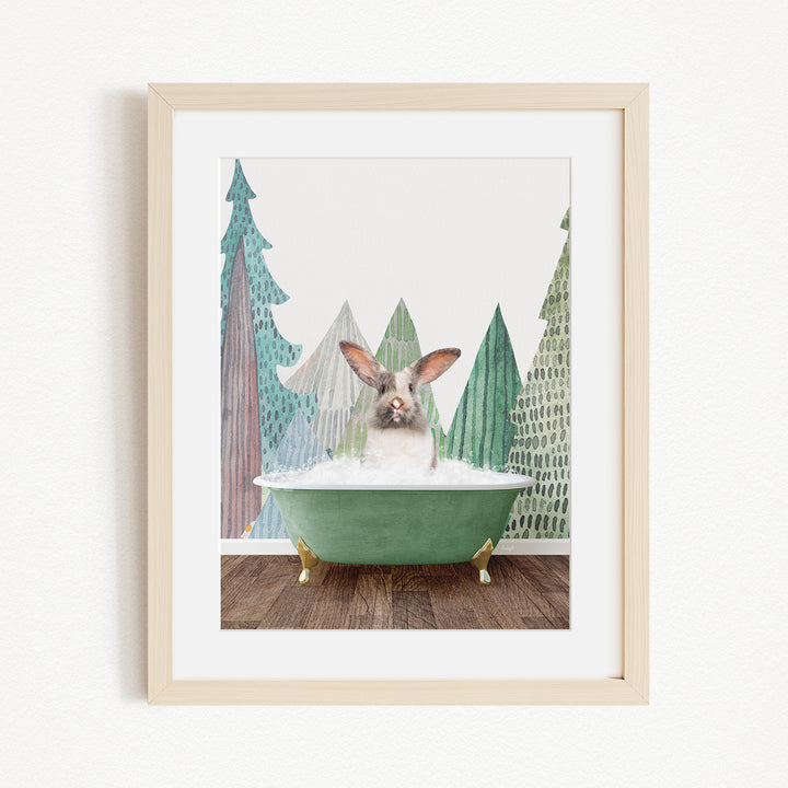A rabbit sitting in a green bathtub, surrounded by stylized trees in a forest-like setting.