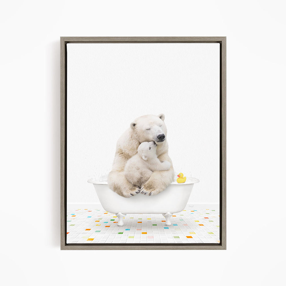 A polar bear and a cub are sitting together in a bathtub, with a rubber duck floating on the water.