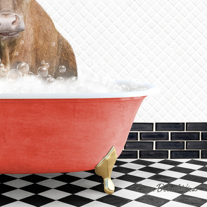 A brown cow is sitting in a red bathtub filled with bubbles, surrounded by a black and white checkered floor and a brick wall.