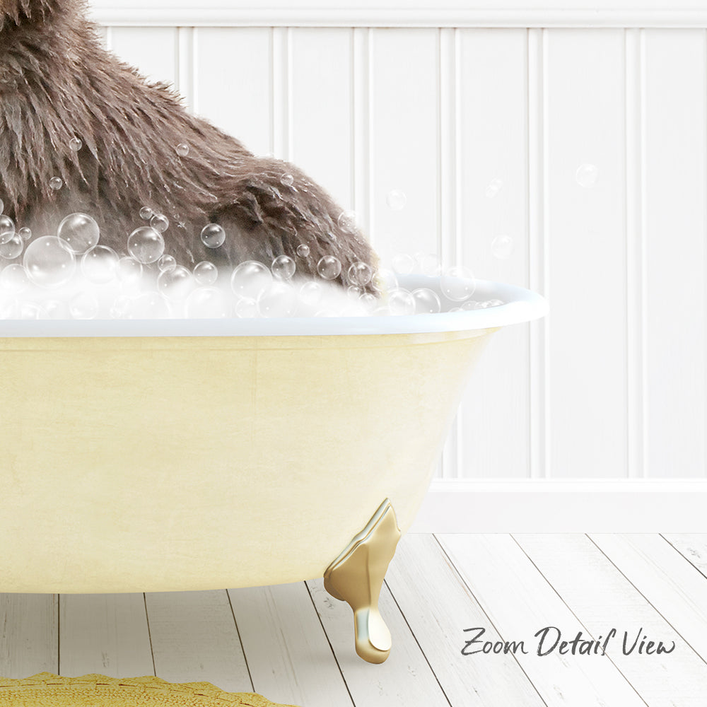 A close-up of a dog's paw submerged in a bathtub filled with bubbles, with a yellow bathtub and a white wall in the background.