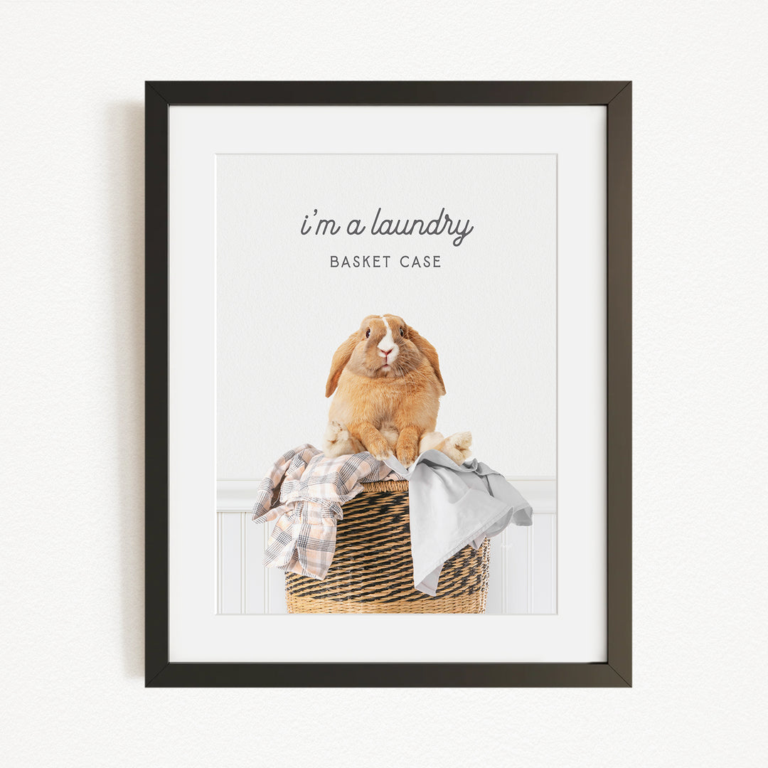 A framed image of a rabbit sitting in a basket filled with laundry, accompanied by the text "I'm a laundry Basket Case".
