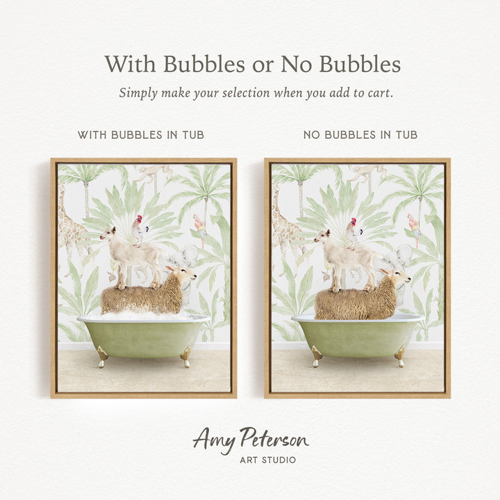 The image is a collage of two framed pictures, each depicting a sheep in a bathtub. The sheep in the bathtub has bubbles, while the other sheep does not have bubbles. The collage is titled "With Bubbles or No Bubbles" and is created by Amy Peterson from Art Studio.