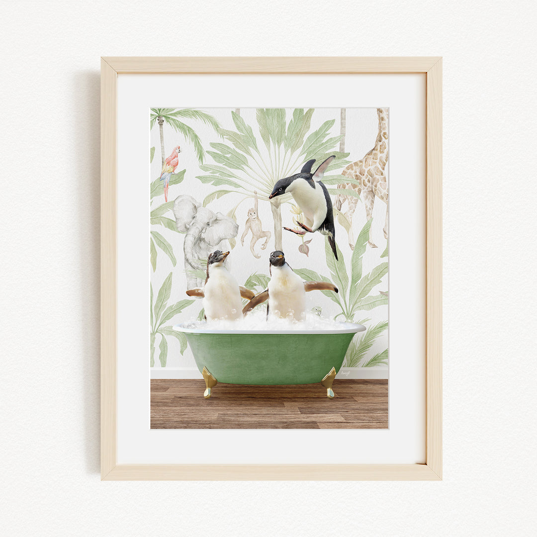 A framed image depicting three penguins sitting in a green bathtub, surrounded by a tropical jungle wallpaper.