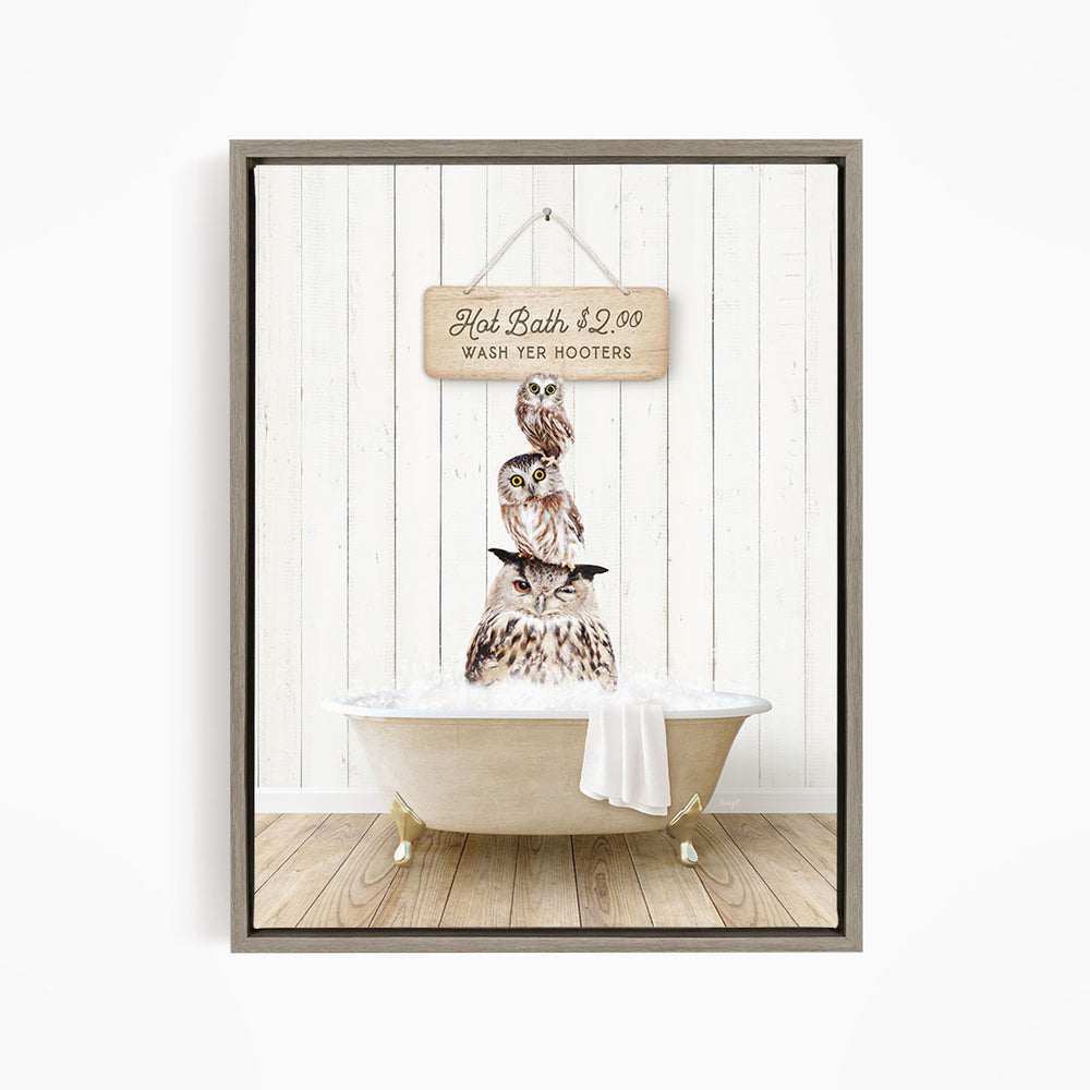 A framed image depicting a wooden sign with the text "Hot Bath $2.00 WASH YOUR HOOK Hooters" above a bathtub filled with water, where three owls are sitting and bathing.