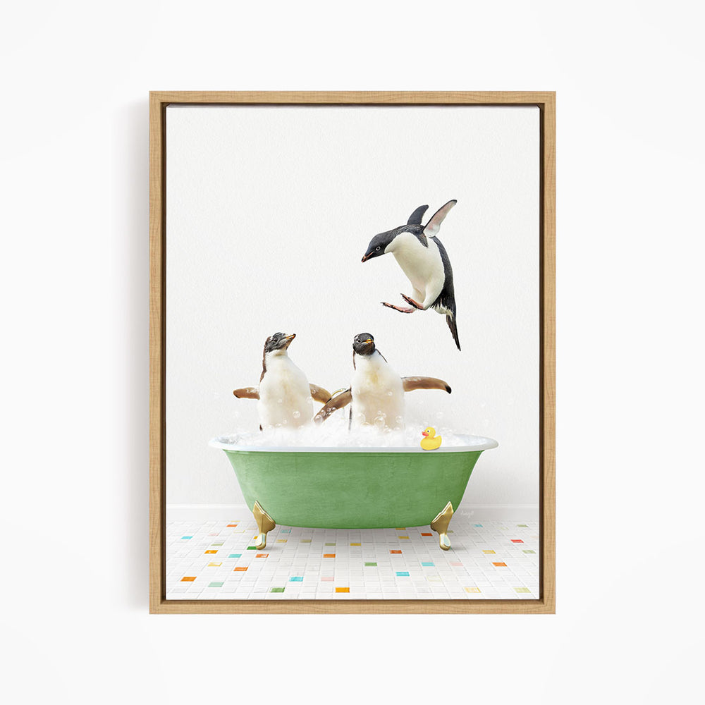 A framed image depicting two penguins sitting in a green bathtub, with one penguin flying towards the other.