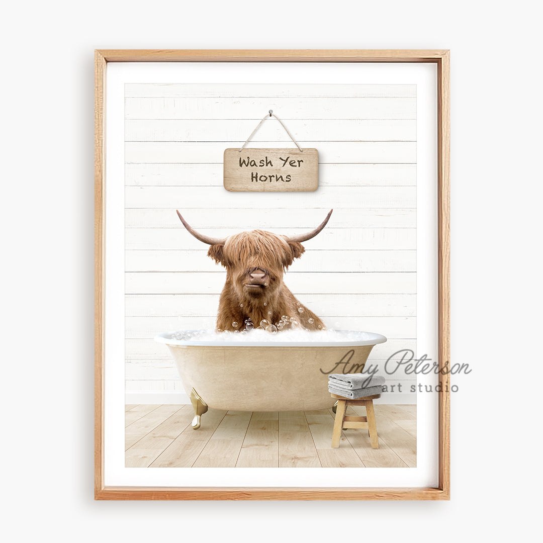 a dog sitting in a bathtub with a sign above it