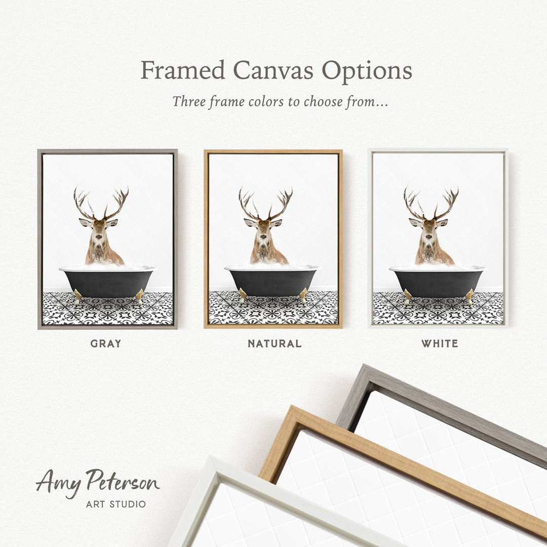 three framed canvas options featuring a deer in a bathtub, with each option having a different frame color: gray, natural, and white.