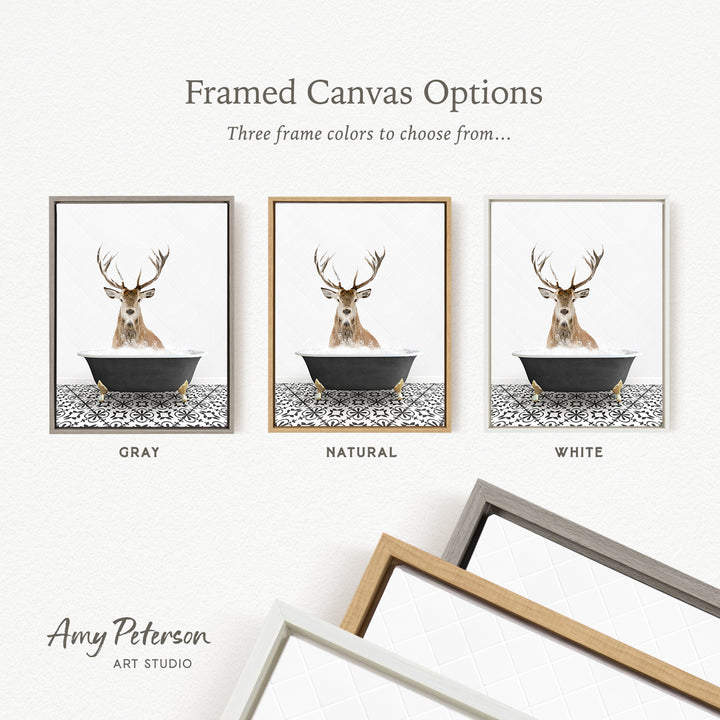 three framed canvas options featuring a deer in a bathtub, with each option having a different frame color: gray, natural, and white.