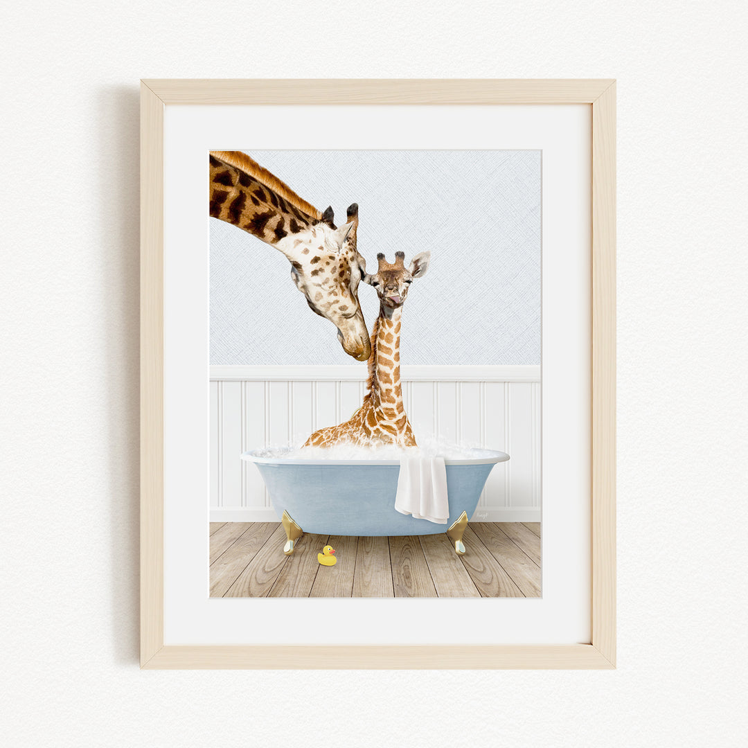 A mother giraffe and her baby giraffe are enjoying a relaxing bath together in a blue tub, surrounded by yellow rubber duckies.