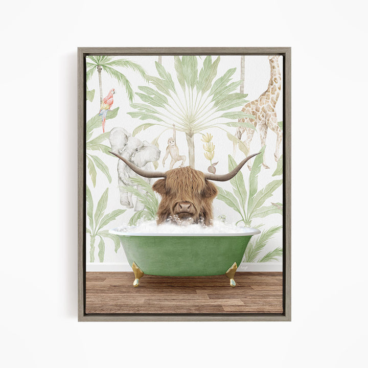 A framed illustration depicting a cow with long horns sitting in a green bathtub, surrounded by tropical foliage and animals.
