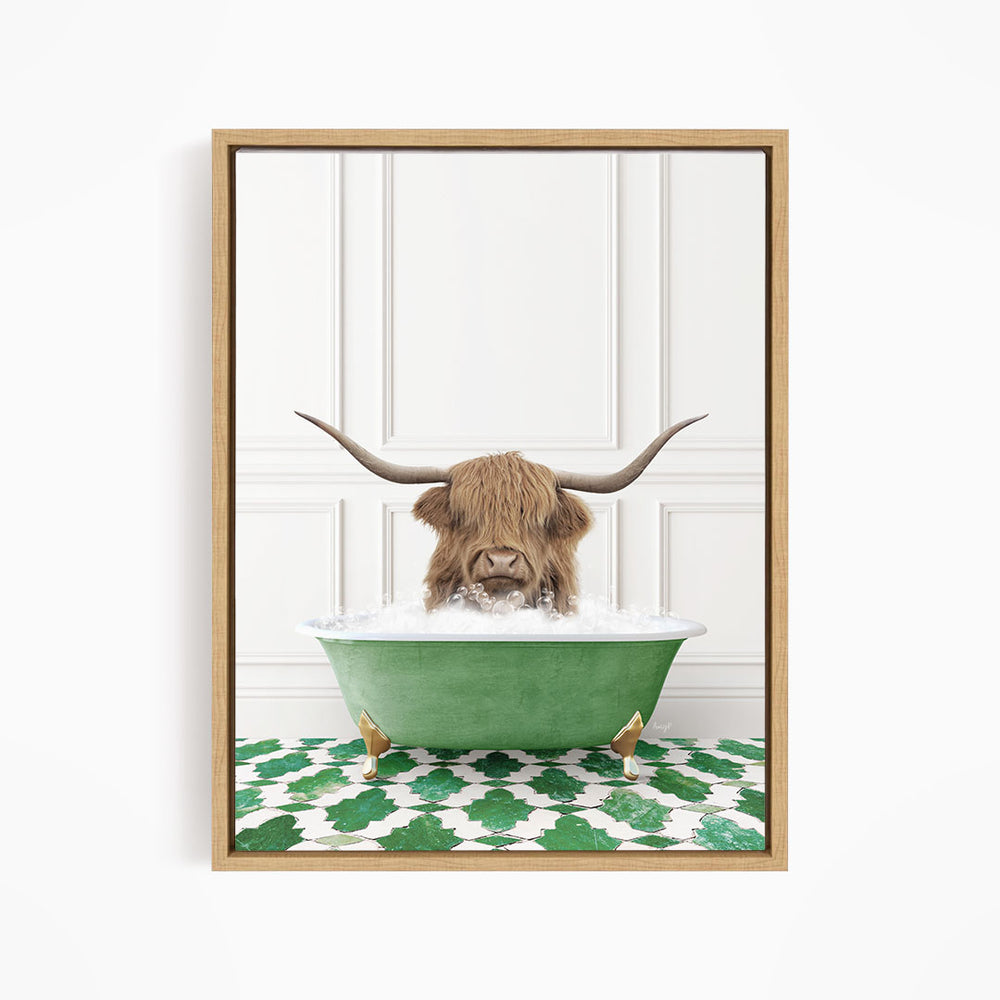 A brown cow with long horns is sitting in a green bathtub filled with water, creating a whimsical and humorous scene.