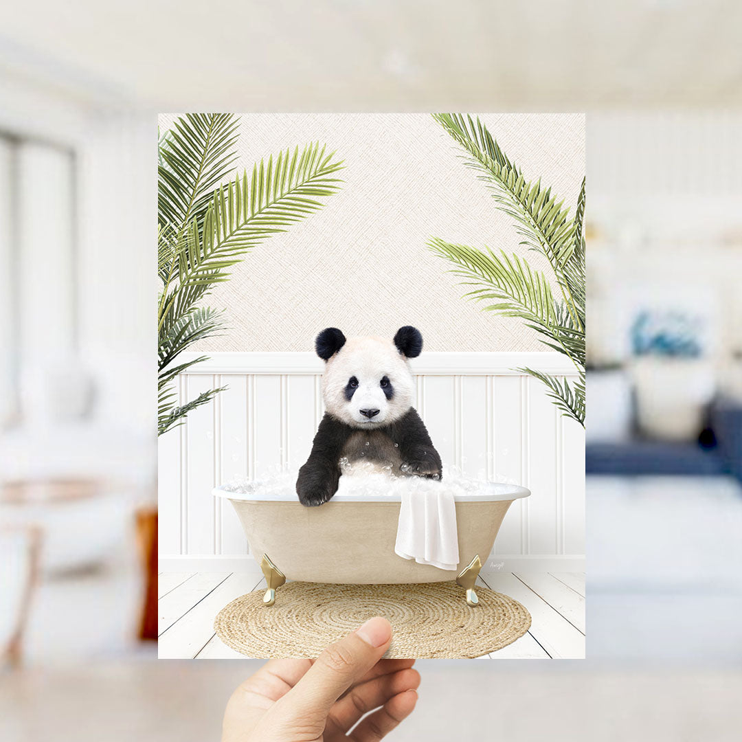 A panda bear sitting in a bathtub filled with bubbles, surrounded by green palm leaves, creating a whimsical and playful scene.