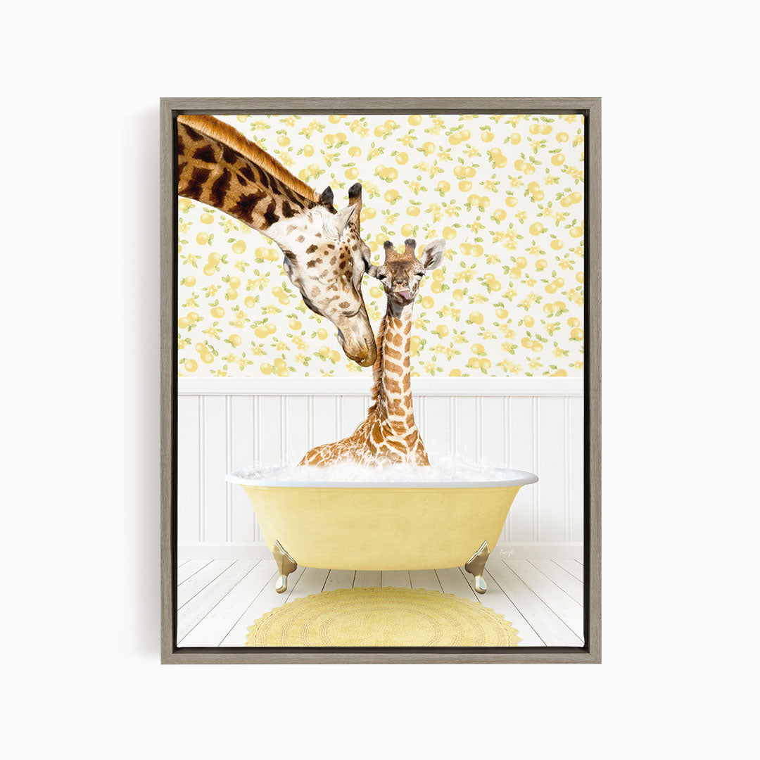 A giraffe and a baby giraffe are sitting in a yellow bathtub, with the baby giraffe looking up at the adult giraffe.
